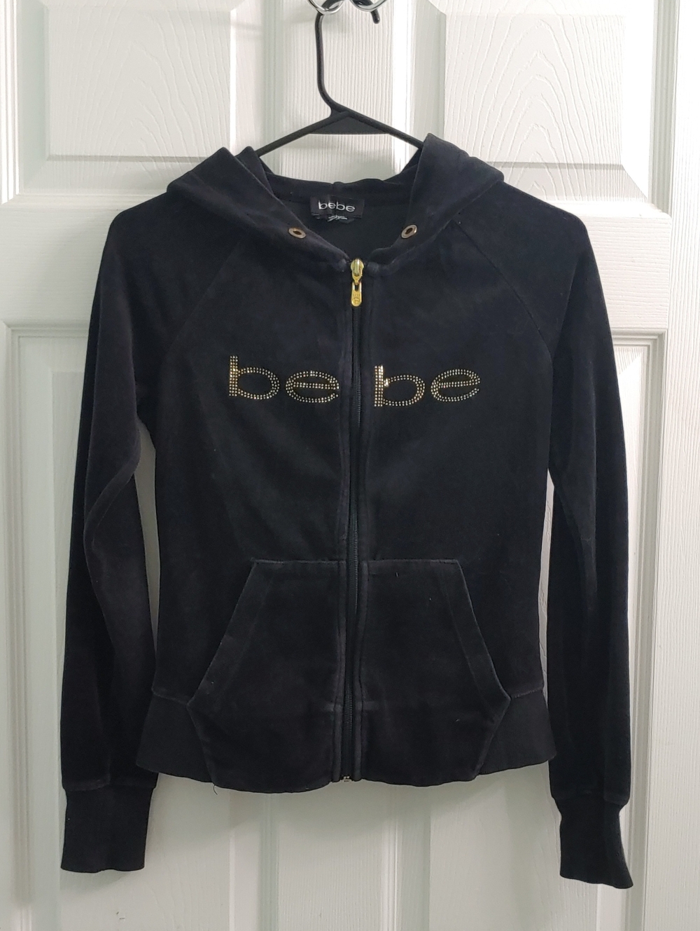 Vintage Y2K Bebe Velvet Track Jacket Black Velour Rhinestone Logo Hoodie Size S